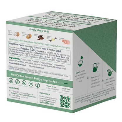 Bare Life dairy-free coconut hot cocoa mix box with 10 single-serving packets, featuring tropical coconut flavor and hot chocolate branding.