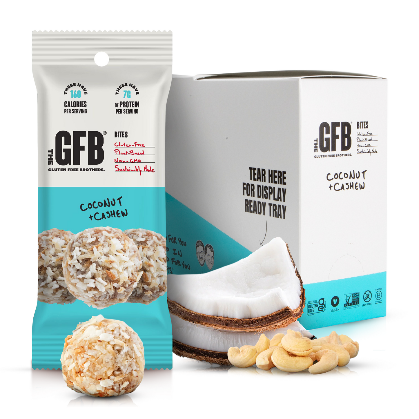 The GFB Coconut Cashew Bites in clear packaging, showing golden coconut and cashew pieces inside, ready for snacking.