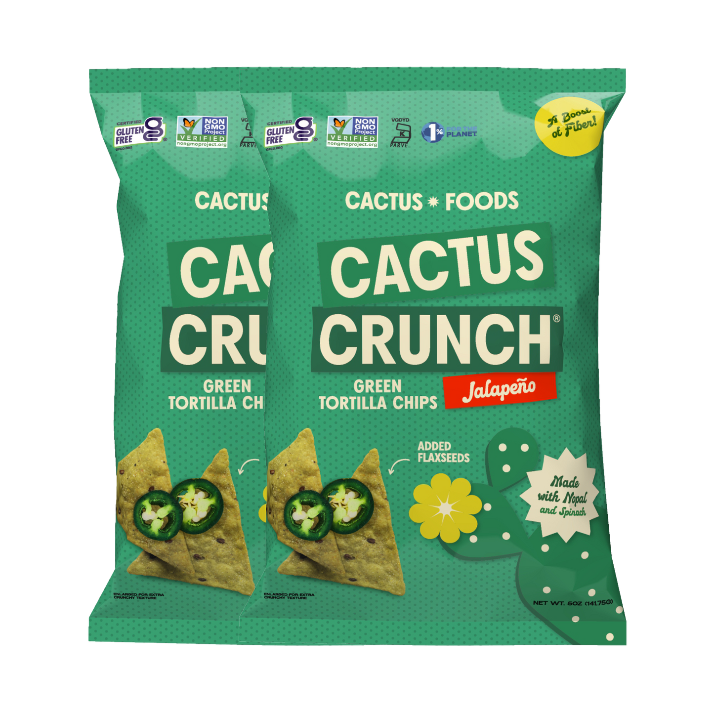 Cactus Foods Cactus Crunch Jalapeño Tortilla Chips in a 4-pack, showing crispy chips with jalapeño seasoning.