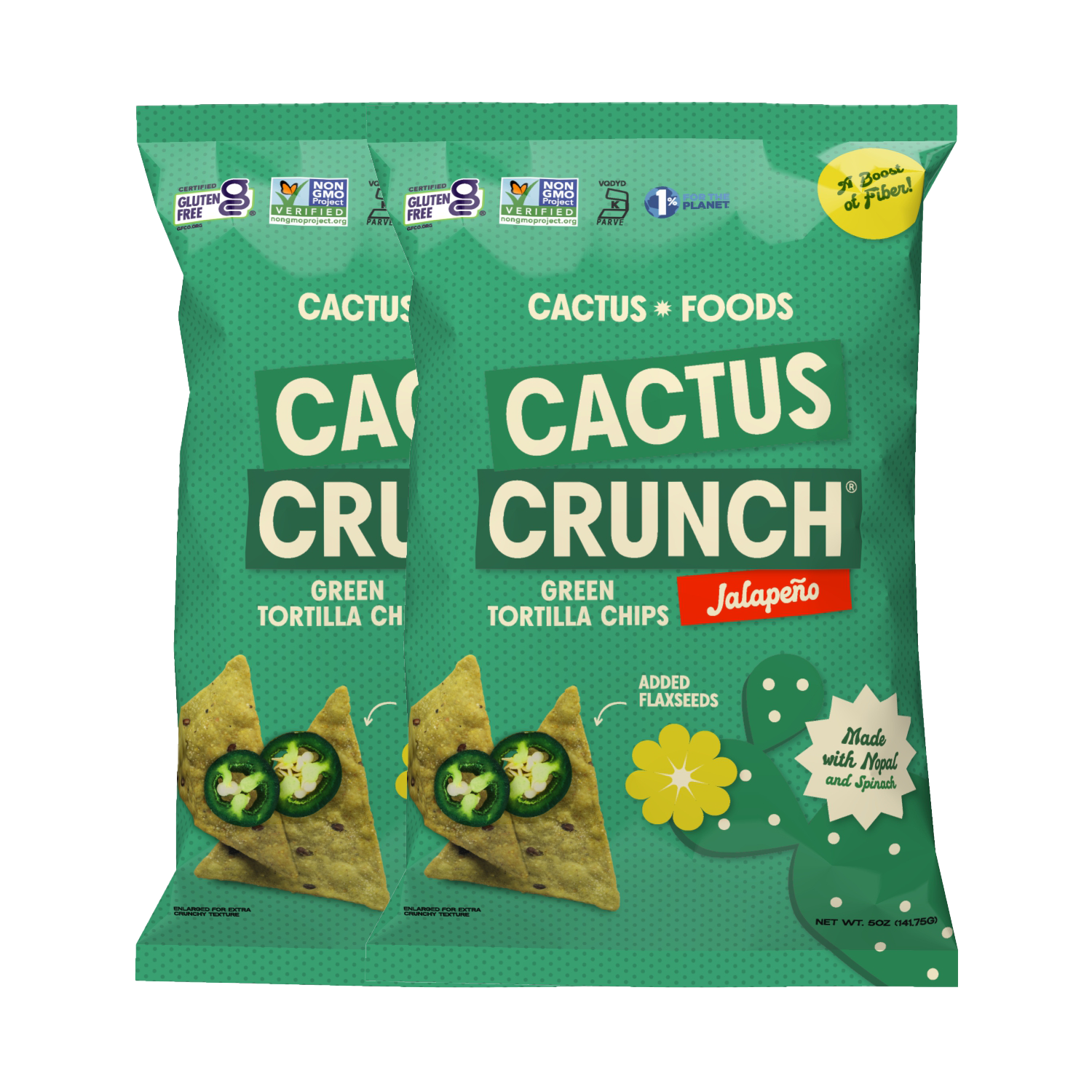Cactus Foods Cactus Crunch Jalapeño Tortilla Chips in a 4-pack, showing crispy chips with jalapeño seasoning.