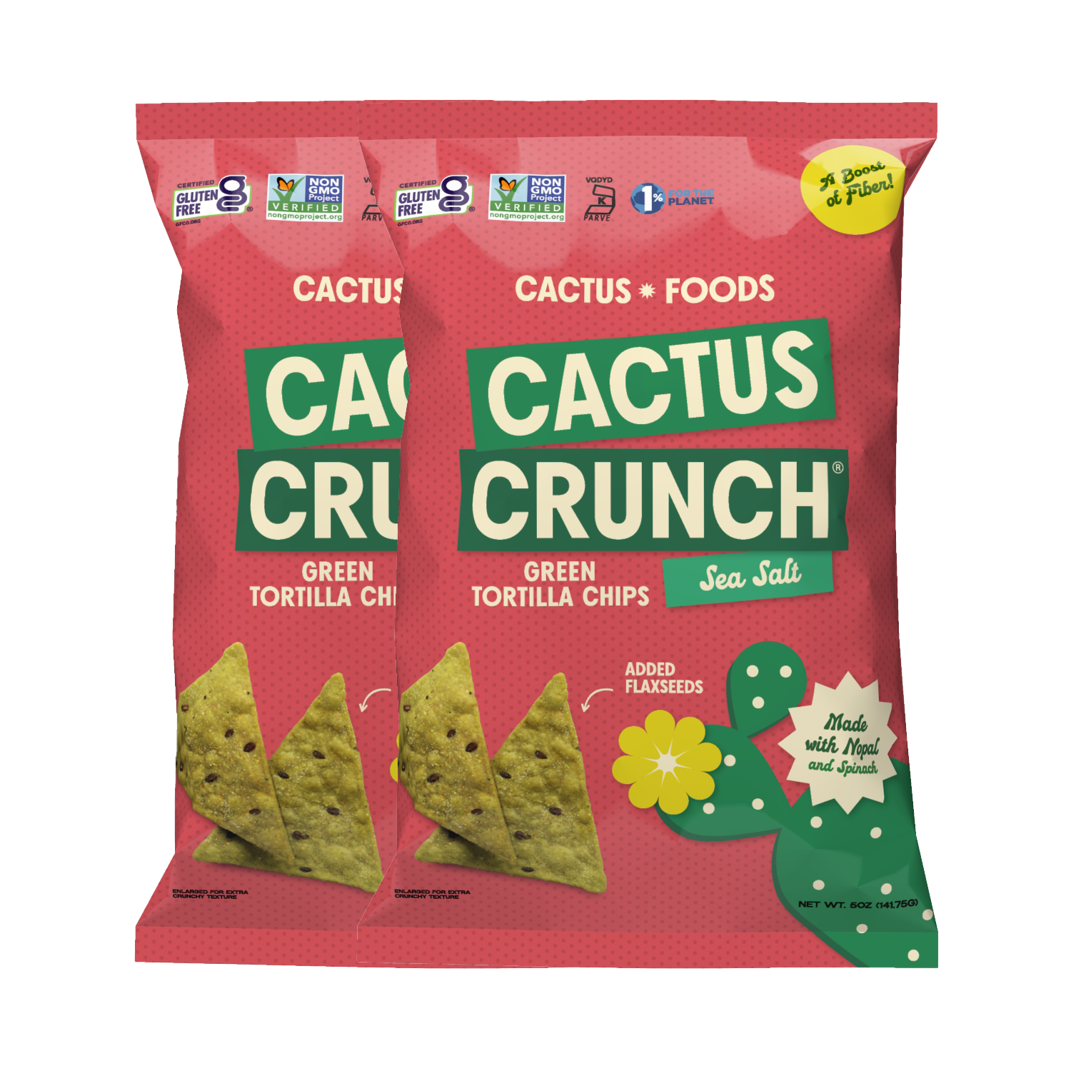 Cactus Foods Cactus Crunch Sea Salt Tortilla Chips 4-pack, crispy chips with sea salt flavor on a white background