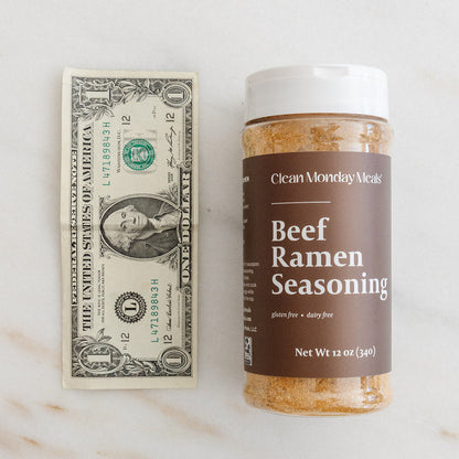 Clean Monday Meals Beef Ramen Seasoning packet with clear branding and seasoning details on the label.