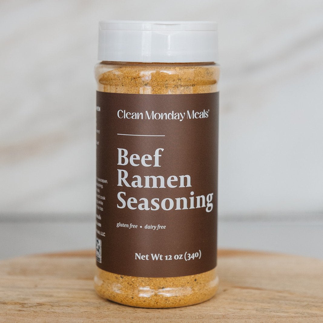 Clean Monday Meals Beef Ramen Seasoning packet with seasoning powders and flavoring for homemade ramen broth.
