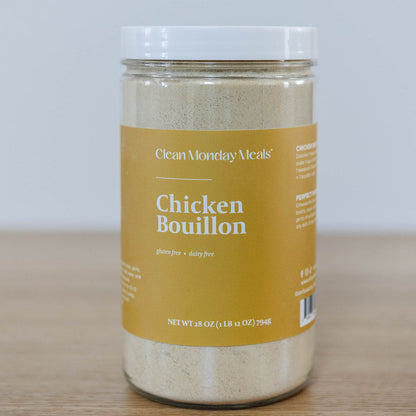 Clean Monday Meals chicken bouillon seasoning jar with label, used for enhancing savory dishes.