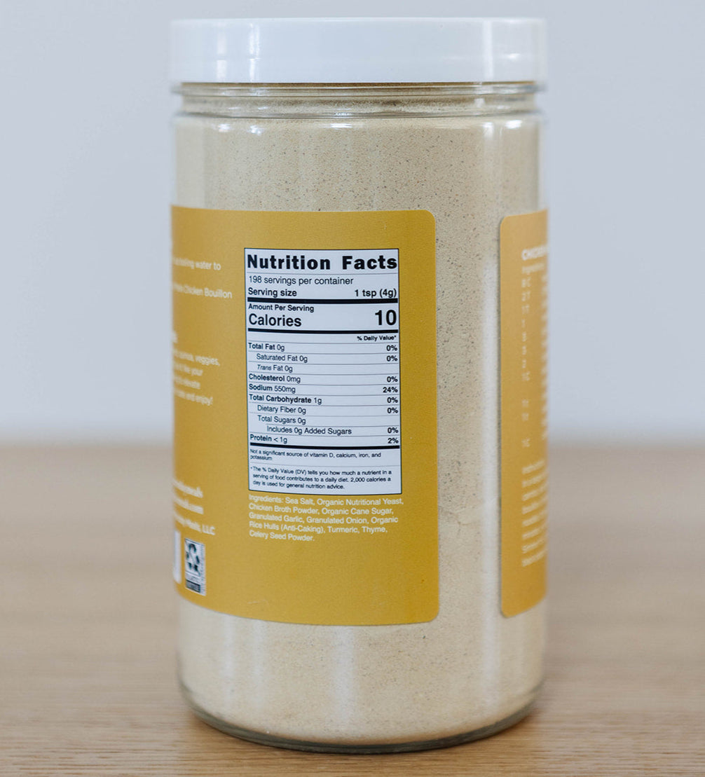 Clean Monday Meals chicken bouillon seasoning in a jar, perfect for enhancing soups and dishes with savory flavor.