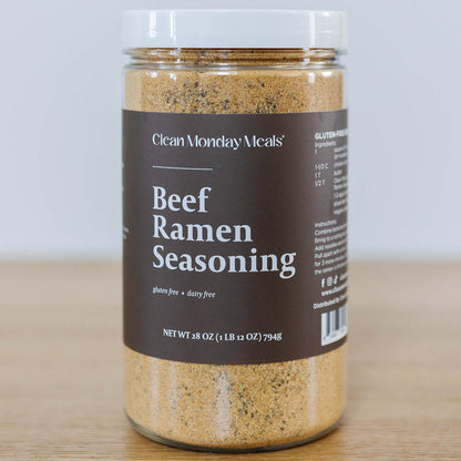 Clean Monday Meals Beef Ramen Seasoning packet, savory Japanese-style seasoning for ramen dishes, in a clear and colorful package.