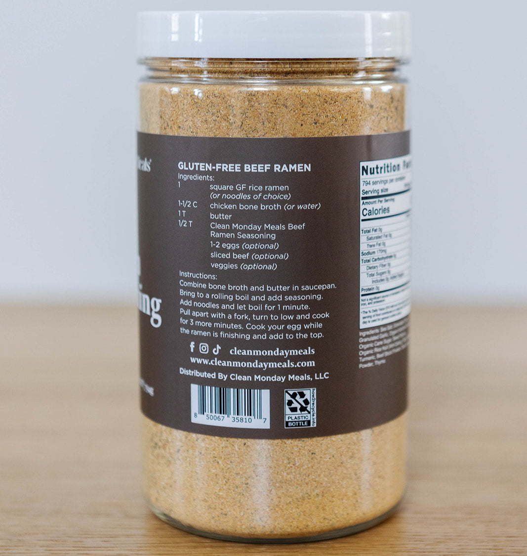 Close-up of Clean Monday Meals Beef Ramen Seasoning package with seasoning powder and label details.