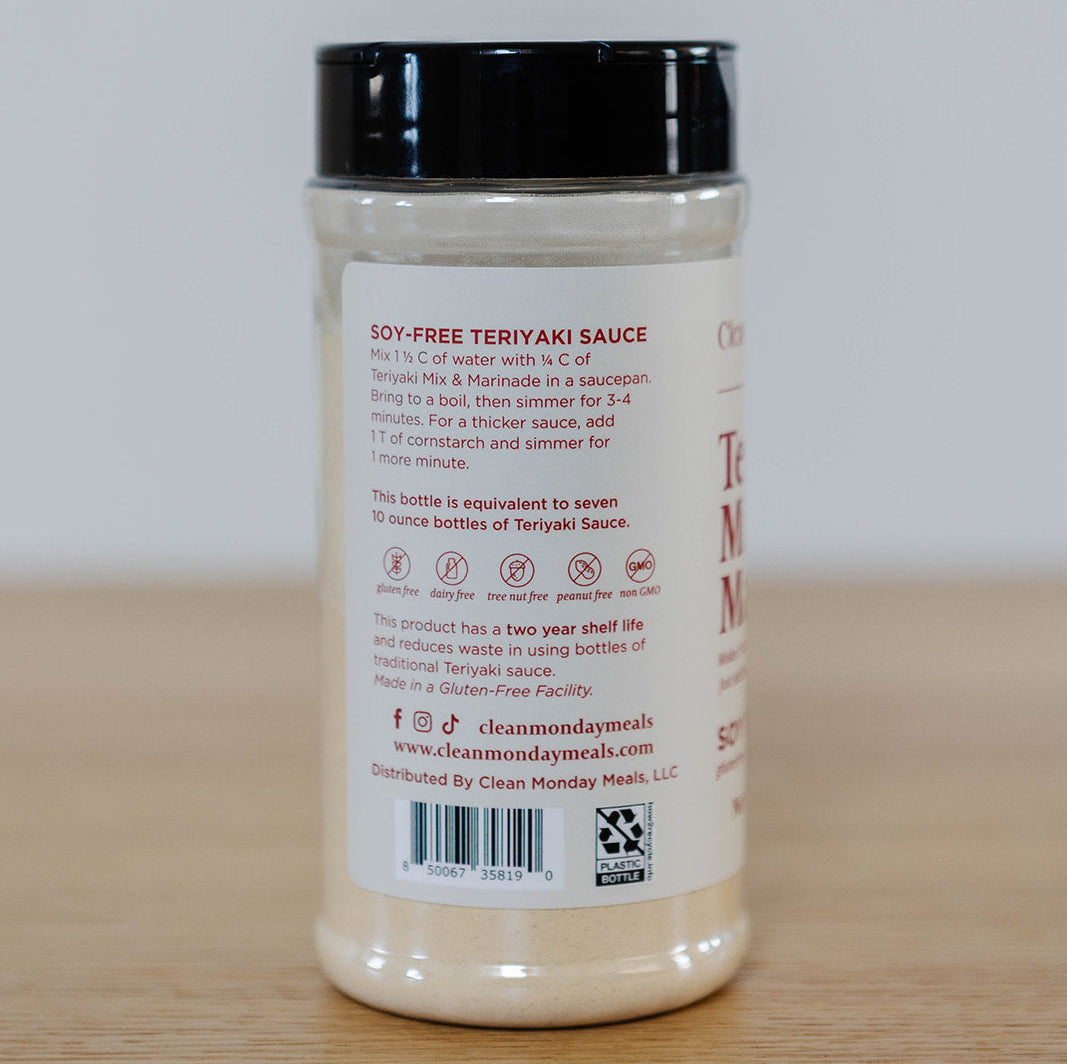 Clean Monday Meals soy-free teriyaki mix and marinade in a jar, ready to enhance Asian dishes with natural flavor.