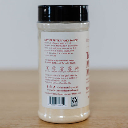 Clean Monday Meals soy-free teriyaki mix and marinade in a jar, ready to enhance Asian dishes with natural flavor.