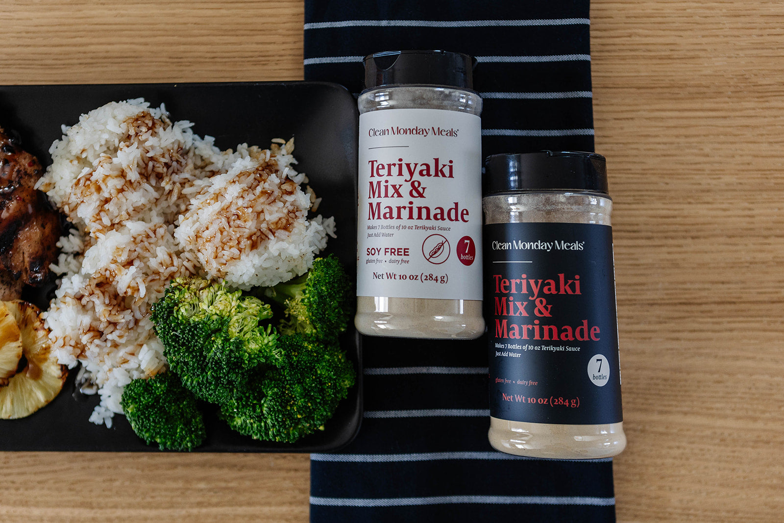 Clean Monday Meals soy-free Teriyaki Mix and Marinade in a jar, with ingredients and label visible on a white background.