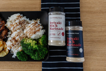 Clean Monday Meals soy-free Teriyaki Mix and Marinade in a jar, with ingredients and label visible on a white background.