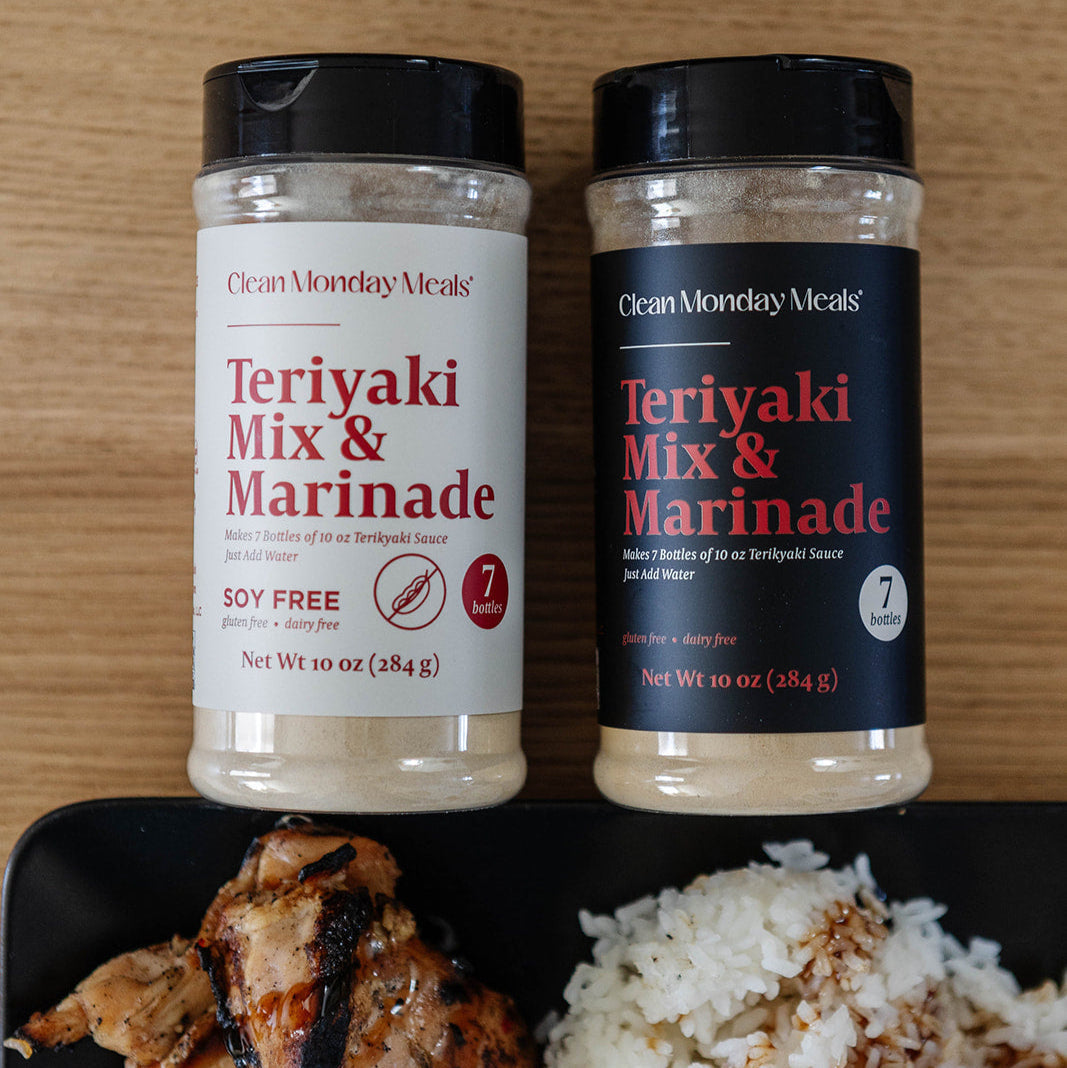 Clean Monday Meals soy-free teriyaki mix and marinade in a clear jar, with ingredients and label visible.