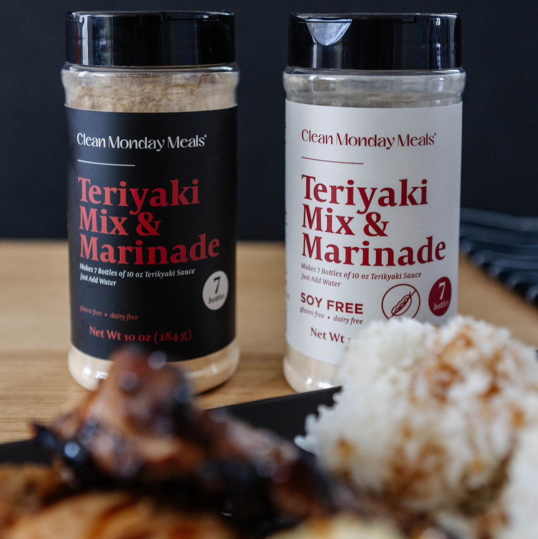 Clean Monday Meals soy-free teriyaki mix and marinade in a resealable bag, with ingredients and branding visible.