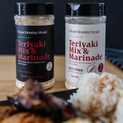 Clean Monday Meals soy-free teriyaki mix and marinade in a resealable bag, with ingredients and branding visible.