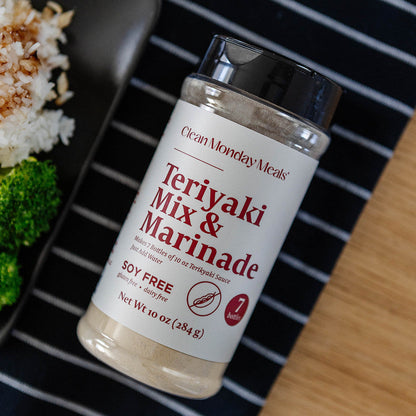 Clean Monday Meals soy-free teriyaki mix and marinade in a clear jar, ideal for flavorful plant-based dishes.
