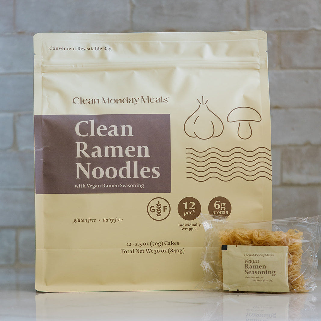Bowl of Clean Monday Meals ramen noodles with vegetables and broth, showcasing the ready-to-eat ramen from Clean Monday Meals.