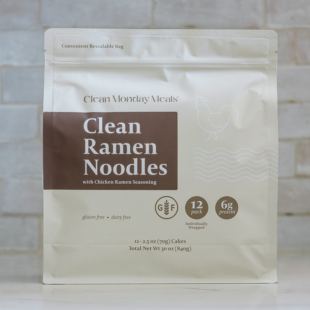 Clean Monday Meals ramen noodles in a bowl, showcasing the cooked noodles, broth, and toppings for a delicious Asian-inspired dish.