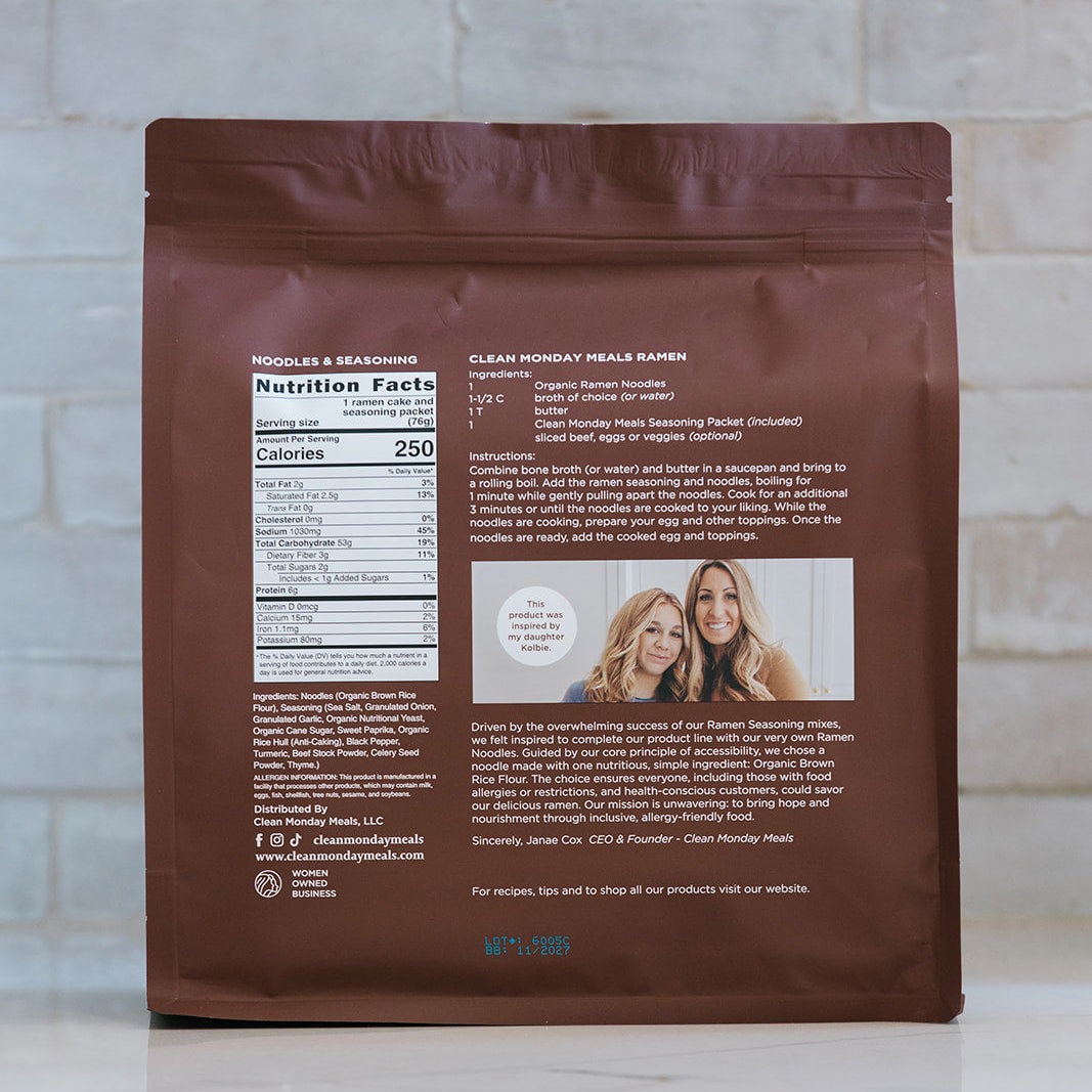 Pack of six Clean Monday Meals ramen noodles in clear packaging, showcasing the flavorful Japanese-style ramen.