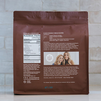 Pack of six Clean Monday Meals ramen noodles in clear packaging, showcasing the flavorful Japanese-style ramen.