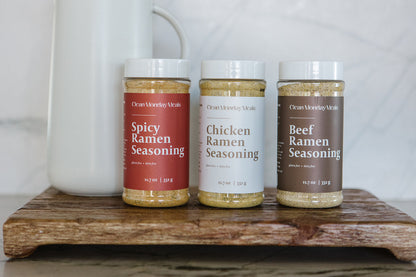 Clean Monday Meals Spicy Ramen Seasoning jar with vibrant label, perfect for adding heat and flavor to ramen dishes.