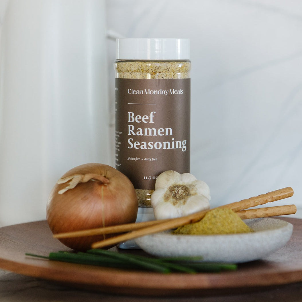Clean Monday Meals Beef Ramen Seasoning packet with branding, showing the seasoning mix inside a clear package.