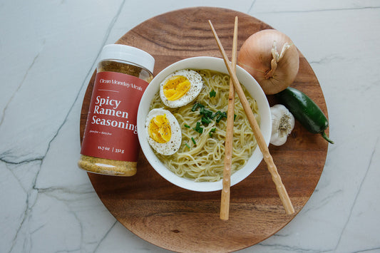 Spicy ramen seasoning packet from Clean Monday Meals with bold, flavorful spice blend in a resealable bag.