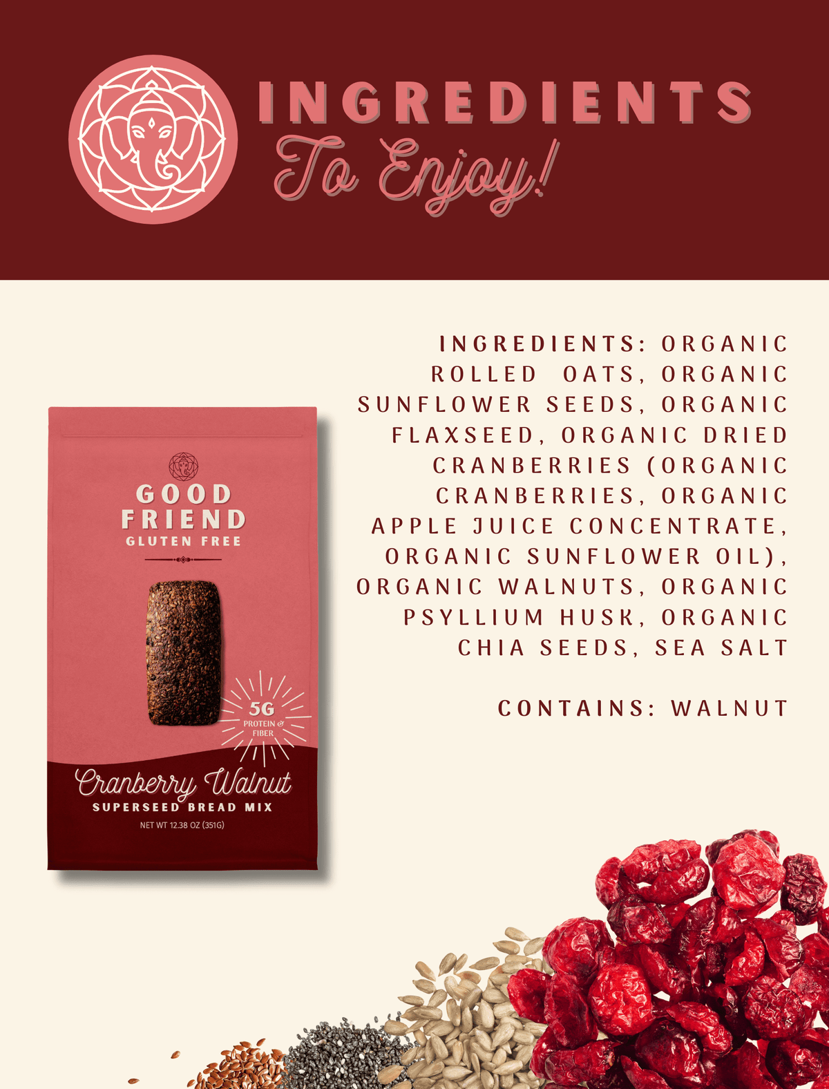 Good Friend Cranberry Walnut Bread Mix 4-pack with cranberry and walnut ingredients, 12.38 oz pouches