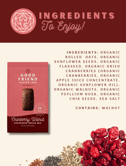 Good Friend Cranberry Walnut Bread Mix 4-pack with cranberry and walnut ingredients, 12.38 oz pouches