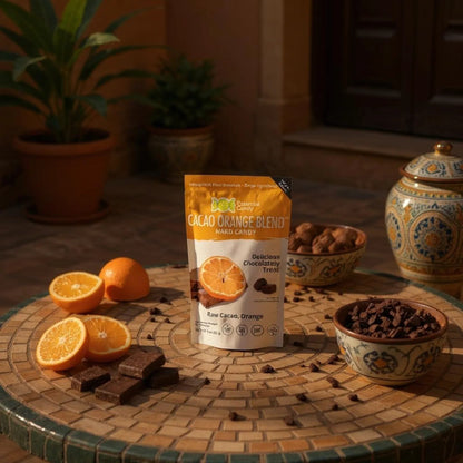 Essential Candy Cacao Orange botanical hard candies, featuring vibrant orange and cacao flavors in a colorful lifestyle setting.