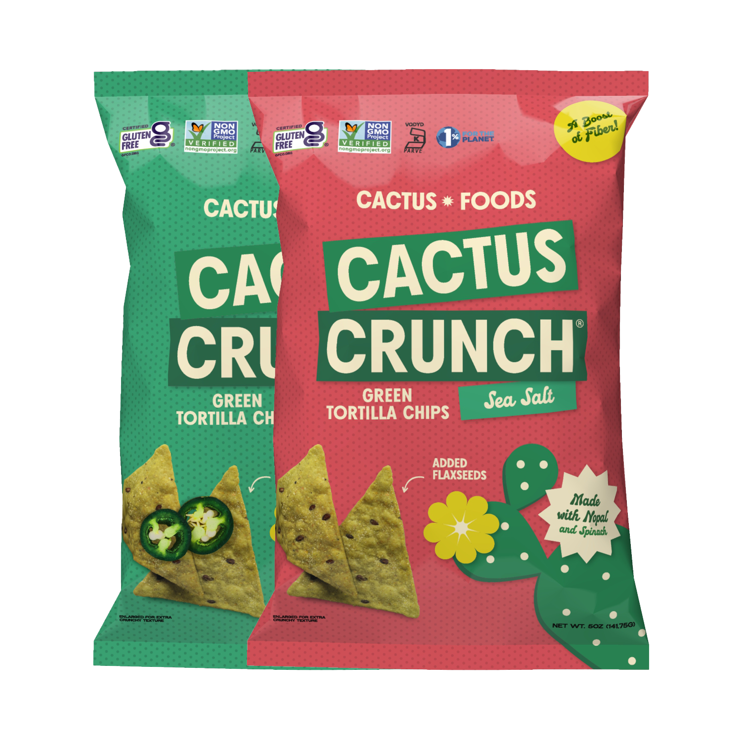 Cactus Crunch Tortilla Chips combo pack by Cactus Foods, showing four bags of crunchy, golden tortilla chips on a white background.