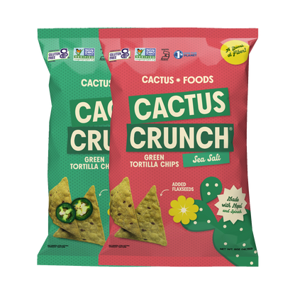 Cactus Crunch Tortilla Chips combo pack by Cactus Foods, showing four bags of crunchy, golden tortilla chips on a white background.