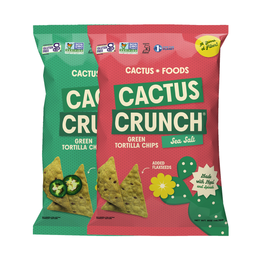 Four packs of Cactus Crunch Tortilla Chips by Cactus Foods, showing colorful bags of crunchy, seasoned tortilla chips.