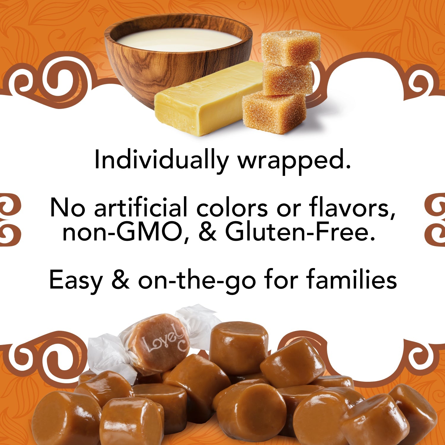 Assorted Lovely Candy Original Caramels arranged in a bowl, showcasing smooth, golden-brown caramel pieces from Lovely Candy Company.