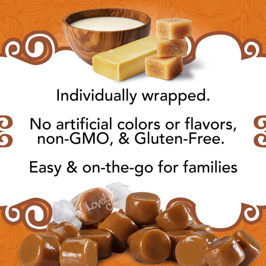 Assorted Lovely Candy Original Caramels arranged in a bowl, showcasing smooth, golden-brown caramel pieces from Lovely Candy Company.