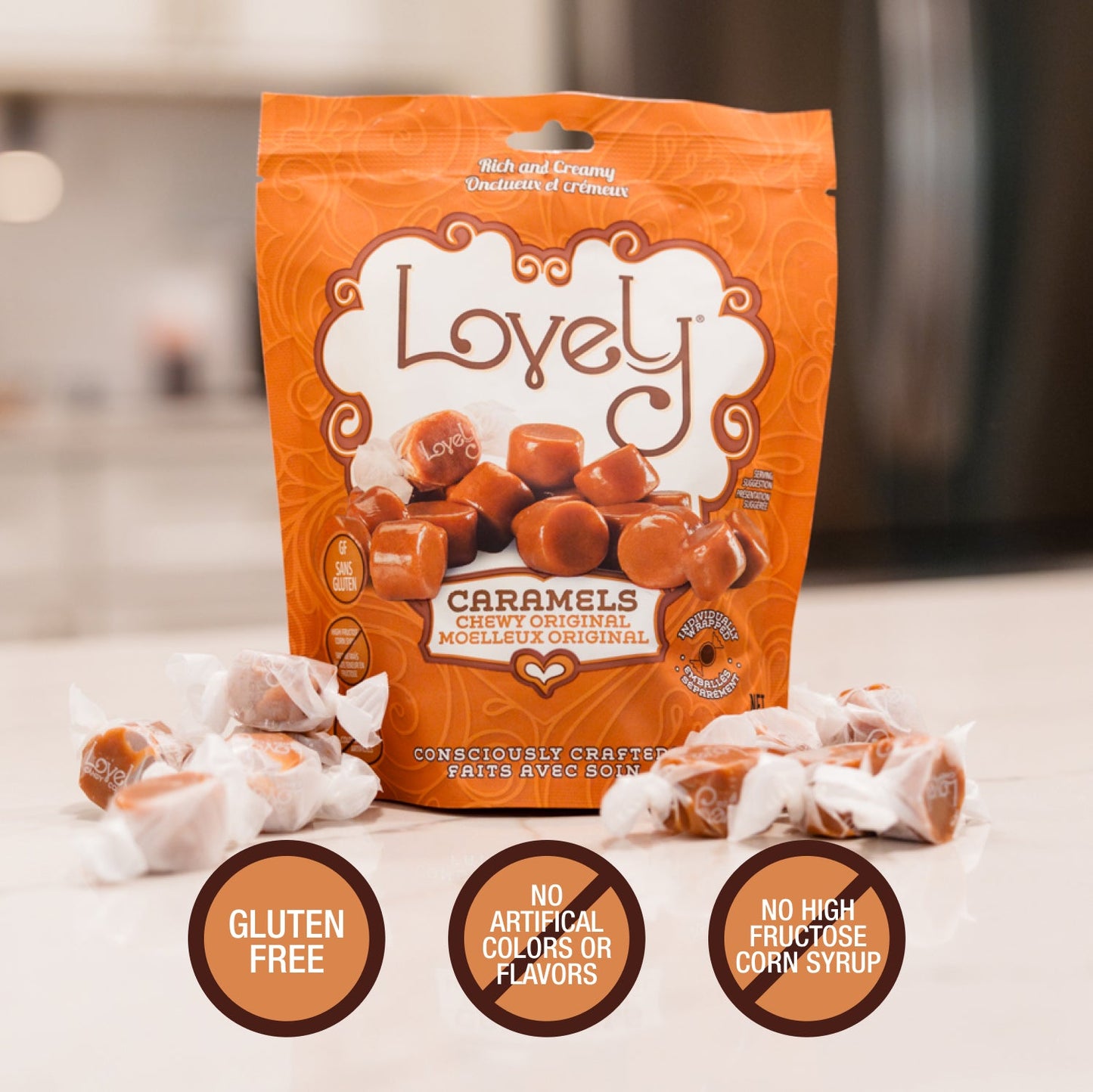 Close-up of Lovely Candy Original Caramels showcasing their rich, golden-brown color and smooth, chewy texture.