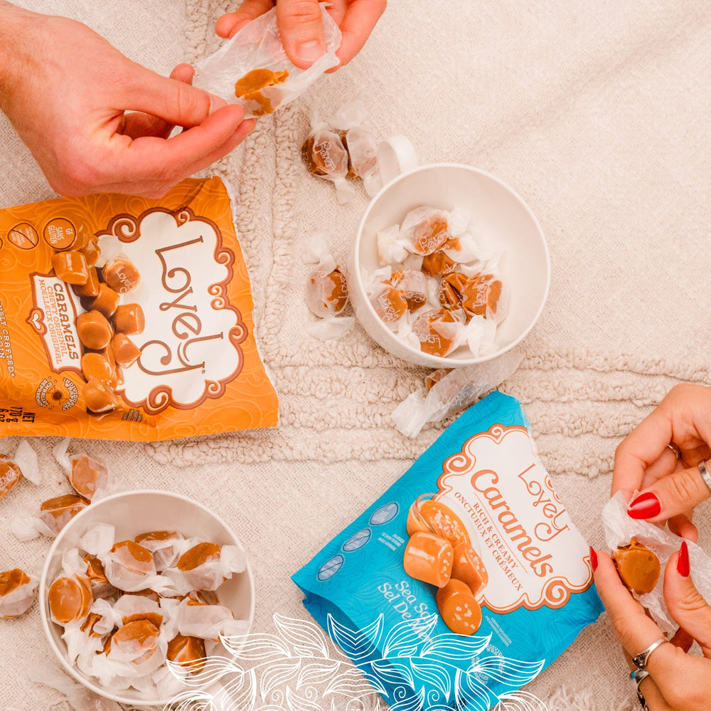 Sweet caramel candies from Lovely Candy Company, shown in a lifestyle setting with individually wrapped caramel treats.