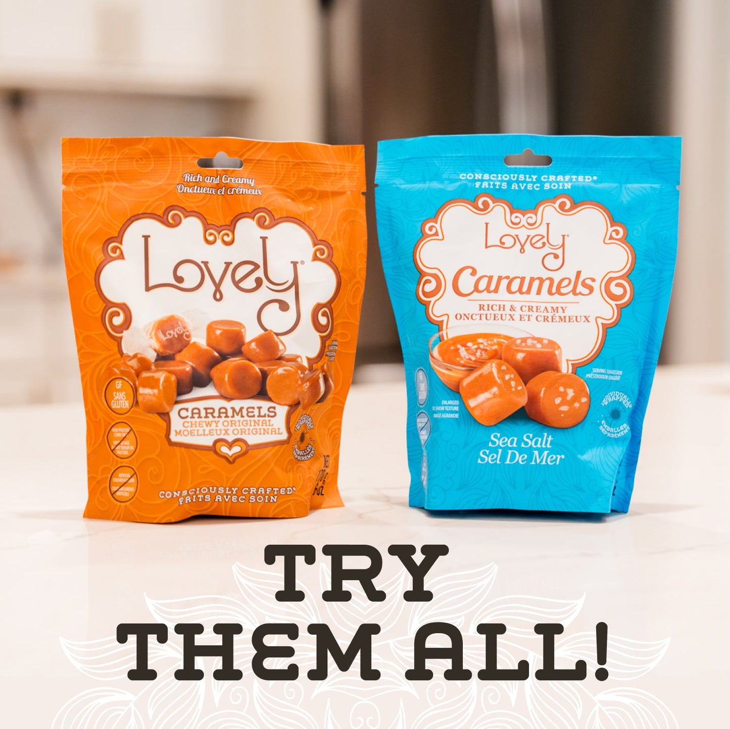 Assortment of Lovely Candy Company sea salt caramel candies with rich caramel and sea salt on a white background.