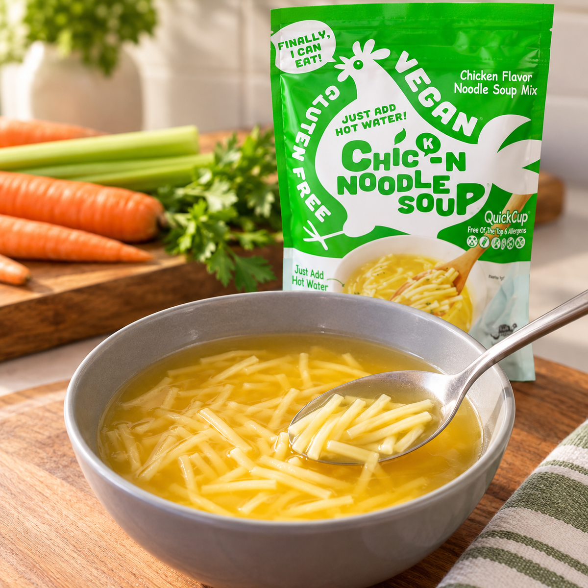 Gluten-free Meister Chick-N Noodle Soup 3-pack, showing bowls of chicken noodle soup with noodles and vegetables in a natural setting.