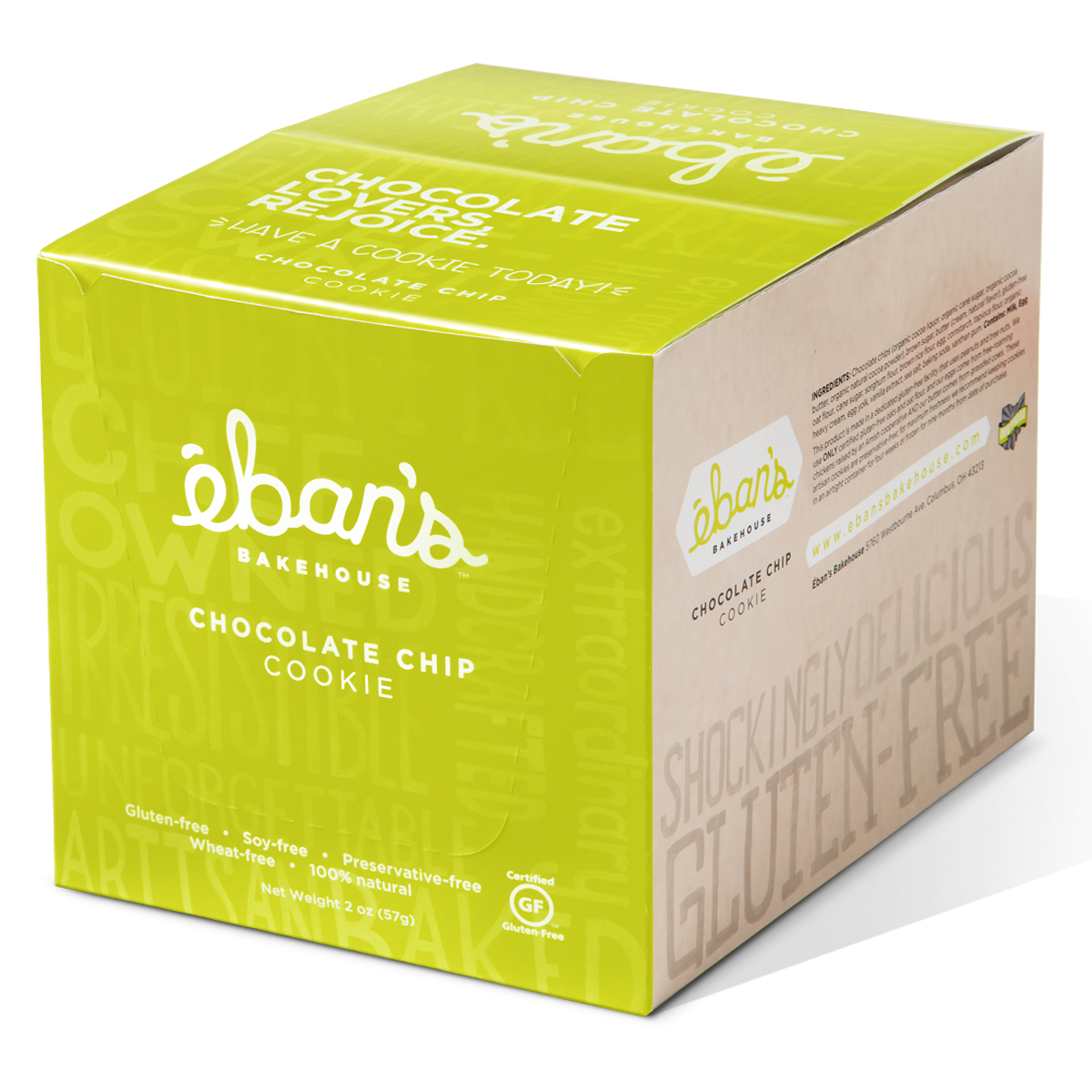 Eban’s Bakehouse chocolate chip cookies in closed packaging, 12-pack box with golden-brown cookies visible inside.