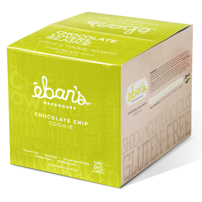 Eban’s Bakehouse chocolate chip cookies in closed packaging, 12-pack box with golden-brown cookies visible inside.