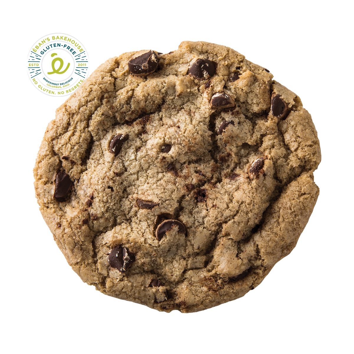 Eban’s Bakehouse chocolate chip cookies with golden-brown edges and chocolate chunks, displayed on a plain surface.