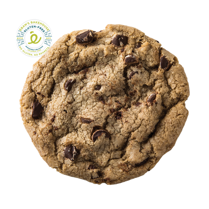 Eban’s Bakehouse chocolate chip cookies with golden-brown edges and chocolate chunks, displayed on a plain surface.
