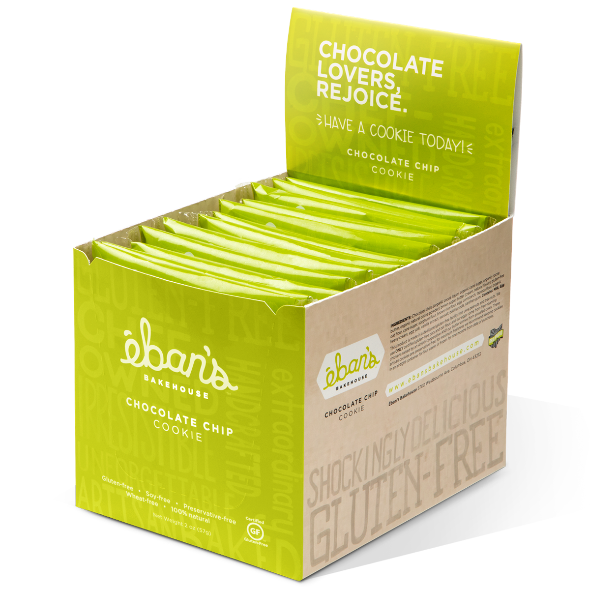 Open packaging of Eban’s Bakehouse chocolate chip cookies, showing golden-brown cookies with visible chocolate chips inside.