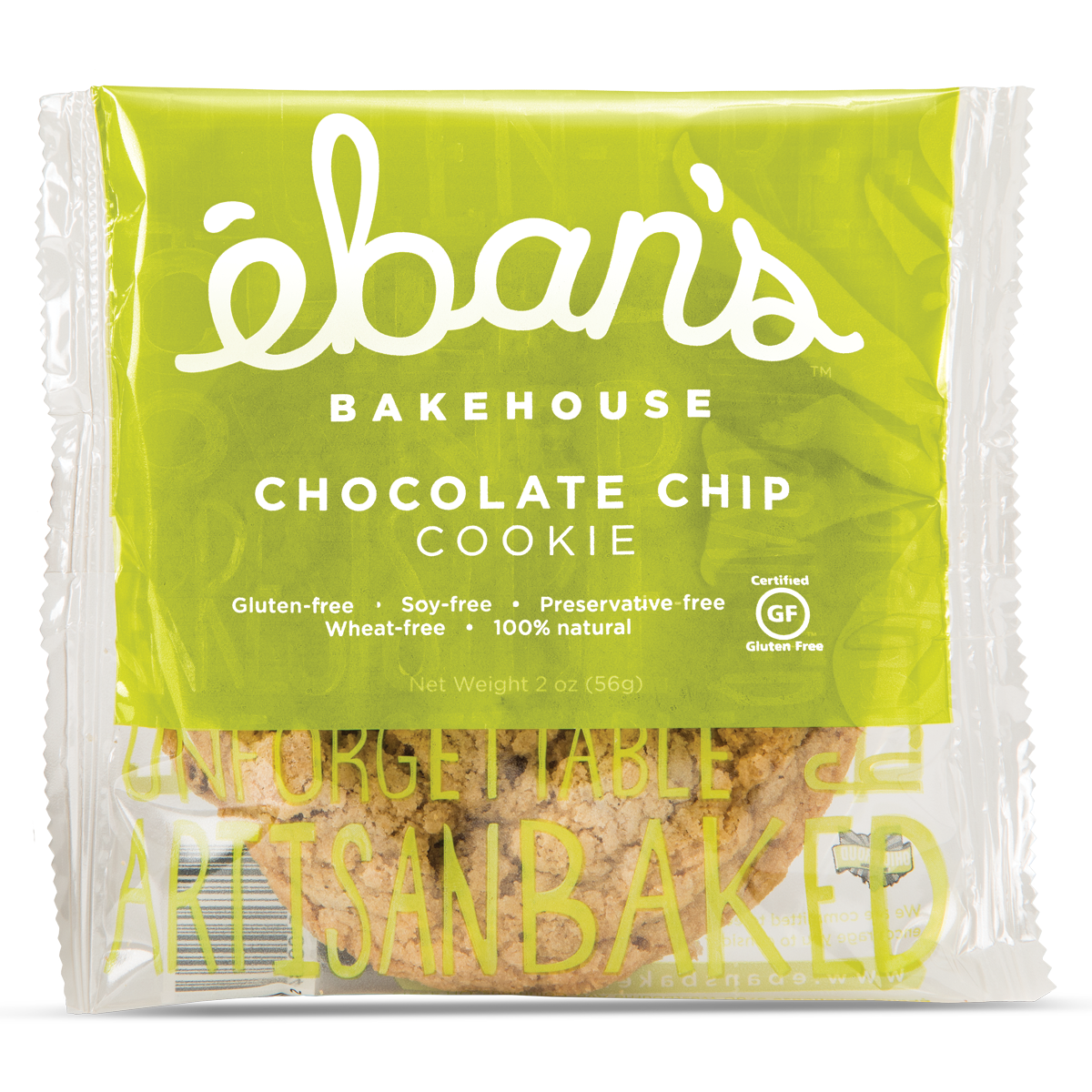 Eban’s Bakehouse 12-pack chocolate chip cookies in packaging, showing freshly baked cookies with chocolate chips.
