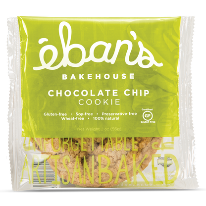 Eban’s Bakehouse 12-pack chocolate chip cookies in packaging, showing freshly baked cookies with chocolate chips.