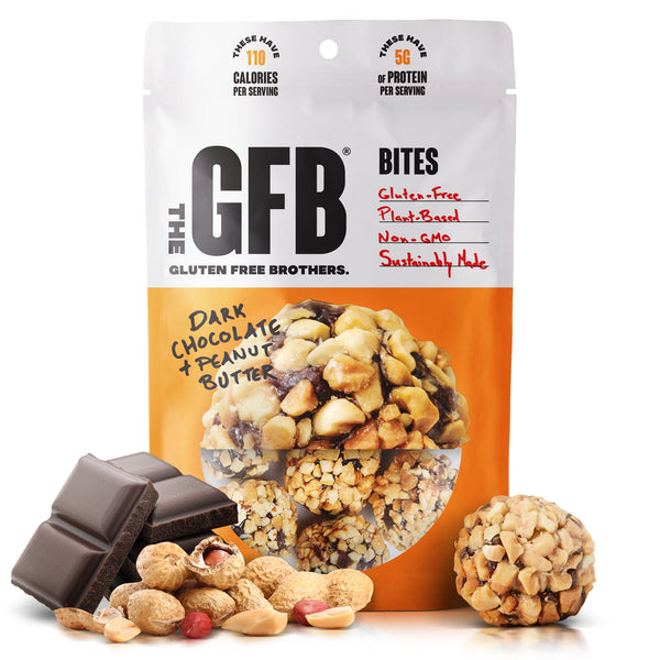 The GFB Dark Chocolate Peanut Butter Bites, GFB Bites package showing chocolate and peanut butter snack bites on a white background