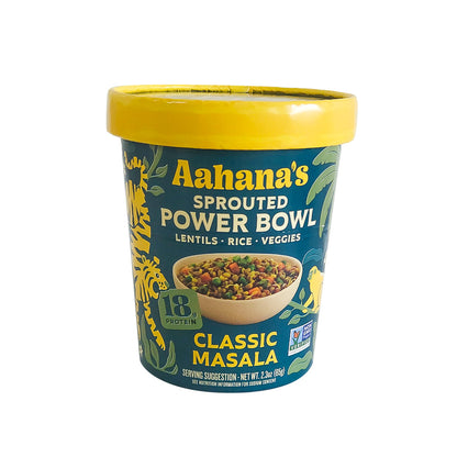 Aahanas Naturals Sprouted Power Bowl Variety Pack with colorful, healthy sprouted grains and spices in a clear bowl on a white background.