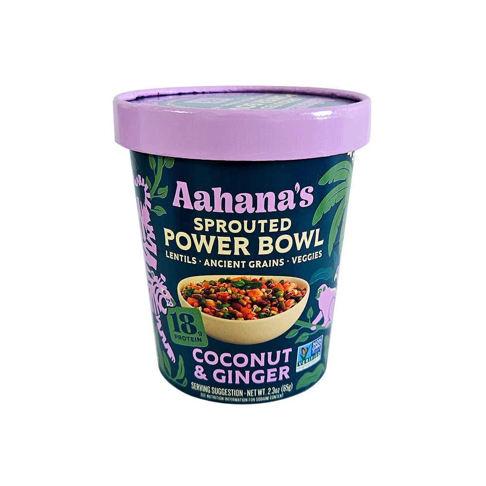AahansNaturals Sprouted Power Bowl Variety Pack with coconut and ginger flavor, featuring colorful bowls with fresh ingredients.