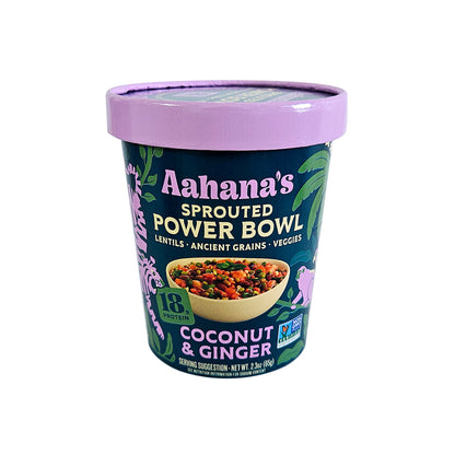 AahansNaturals Sprouted Power Bowl Variety Pack with coconut and ginger flavor, featuring colorful bowls with fresh ingredients.