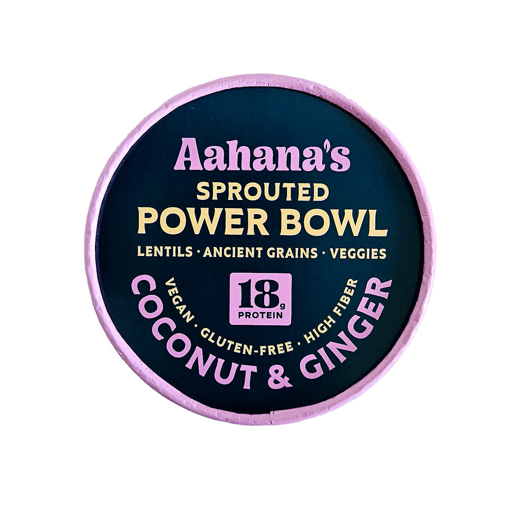 Sprouted mung beans and rice bowl with coconut and ginger flavor from Aahana's Naturals, served in a bowl.